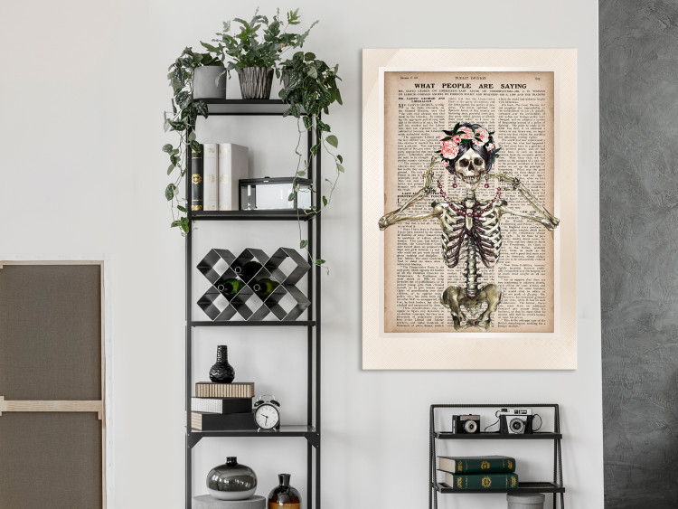 Canvas Art Print Lady Skeleton (1-part) vertical - fanciful figure against a newspaper background 129094 additionalImage 3