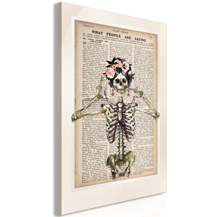 Canvas Art Print Lady Skeleton (1-part) vertical - fanciful figure against a newspaper background 129094 additionalImage 2