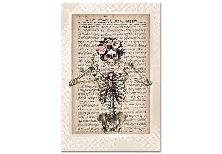 Canvas Art Print Lady Skeleton (1-part) vertical - fanciful figure against a newspaper background 129094
