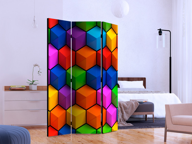 Room Separator Colorful Geometric Fields (3-piece) - abstraction in cubes 133294 additionalImage 2
