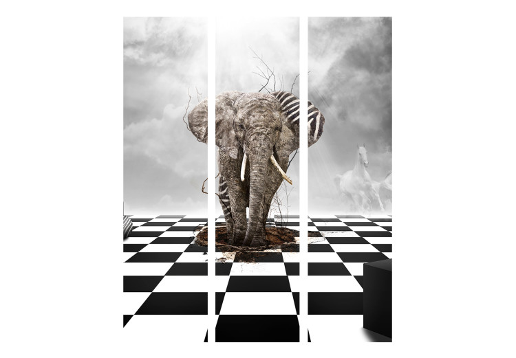 Room Divider Escape from Africa (3-piece) - abstraction with an elephant and a checkerboard 133394 additionalImage 3