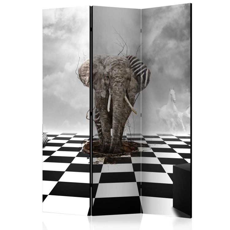 Room Divider Escape from Africa (3-piece) - abstraction with an elephant and a checkerboard 133394