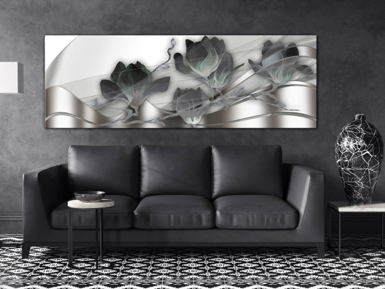 Canvas Silver Magnolias (1-piece) Narrow - abstraction in flowers and waves 143694 additionalImage 3