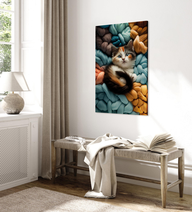Canvas Art Print AI Calico Cat - Tortoiseshell Animal Resting on Bundles of Colorful Yarns - Vertical 150094 additionalImage 10