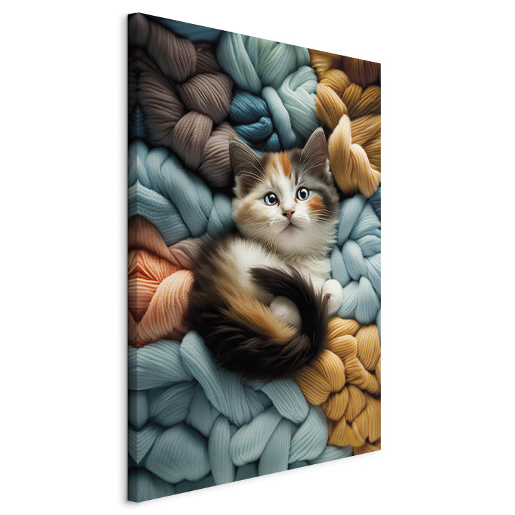 Canvas Art Print AI Calico Cat - Tortoiseshell Animal Resting on Bundles of Colorful Yarns - Vertical 150094 additionalImage 2