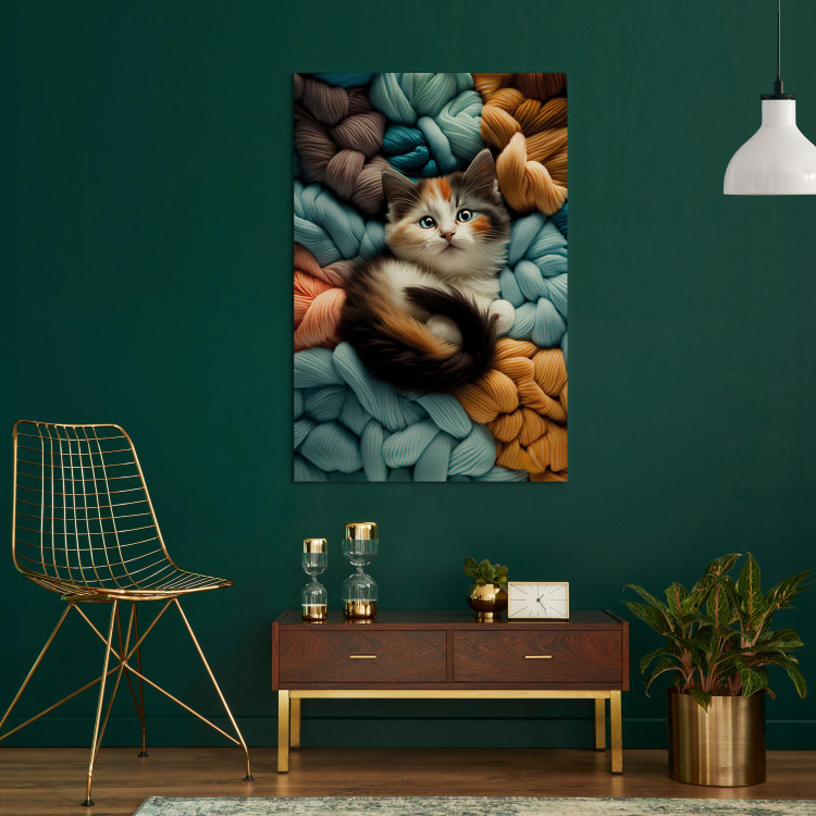Canvas Art Print AI Calico Cat - Tortoiseshell Animal Resting on Bundles of Colorful Yarns - Vertical 150094 additionalImage 3