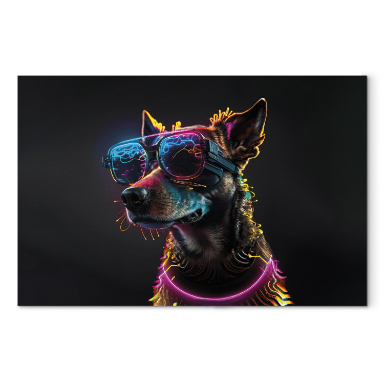 Canvas Art Print AI Dog - Pink Cyber Animal With Neon Glasses - Horizontal 150194
