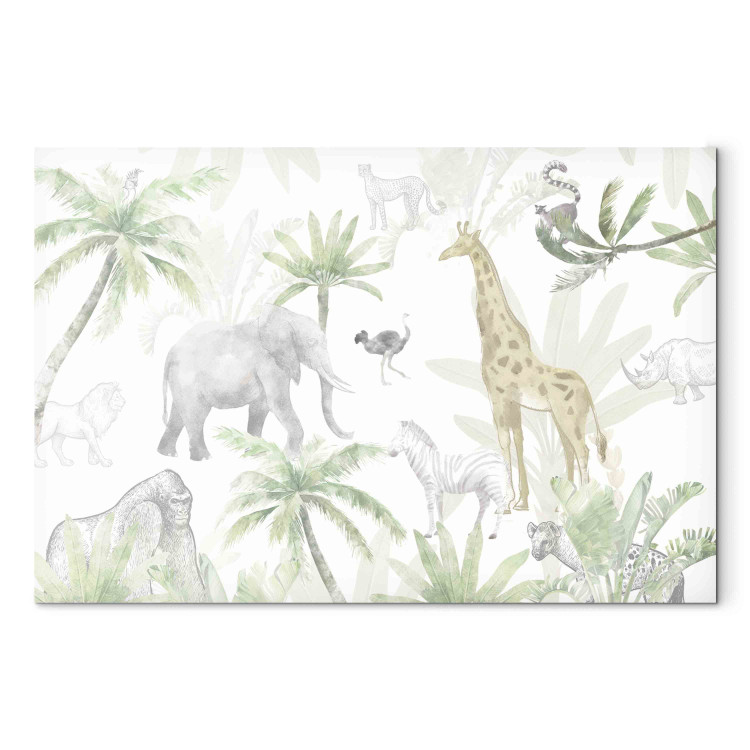Canvas Print Tropical Safari - Wild Animals in Green-Pastel Colors 151194