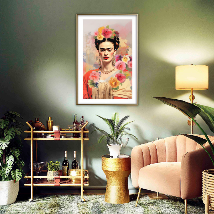 Wall Poster Subtle Portrait - Frida Kahlo on a Blurred Background Full of Flowers 152194 additionalImage 13
