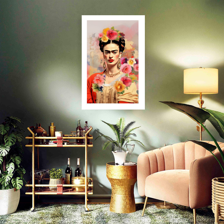 Wall Poster Subtle Portrait - Frida Kahlo on a Blurred Background Full of Flowers 152194 additionalImage 10