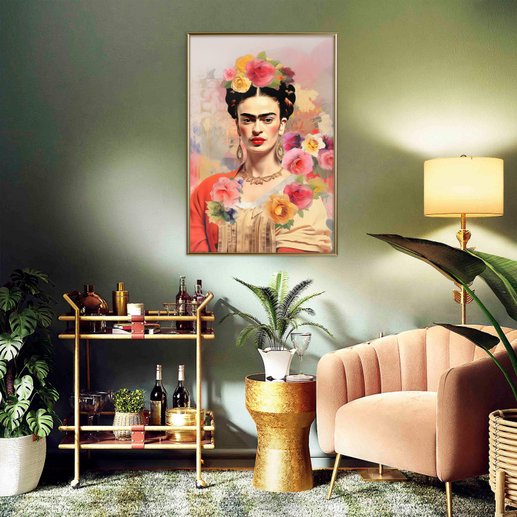 Wall Poster Subtle Portrait - Frida Kahlo on a Blurred Background Full of Flowers 152194 additionalImage 2