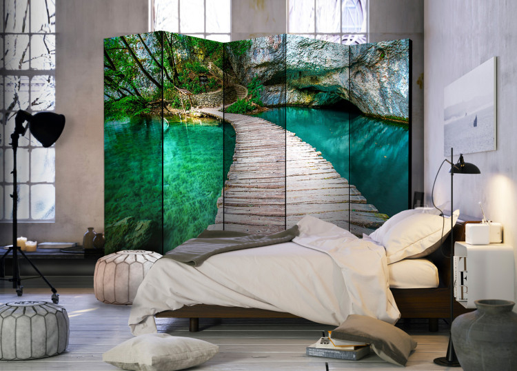 Folding Screen Emerald Lake II - green landscape of nature and a wooden bridge 95394 additionalImage 2
