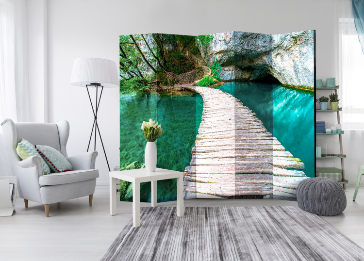 Folding Screen Emerald Lake II - green landscape of nature and a wooden bridge 95394 additionalImage 4