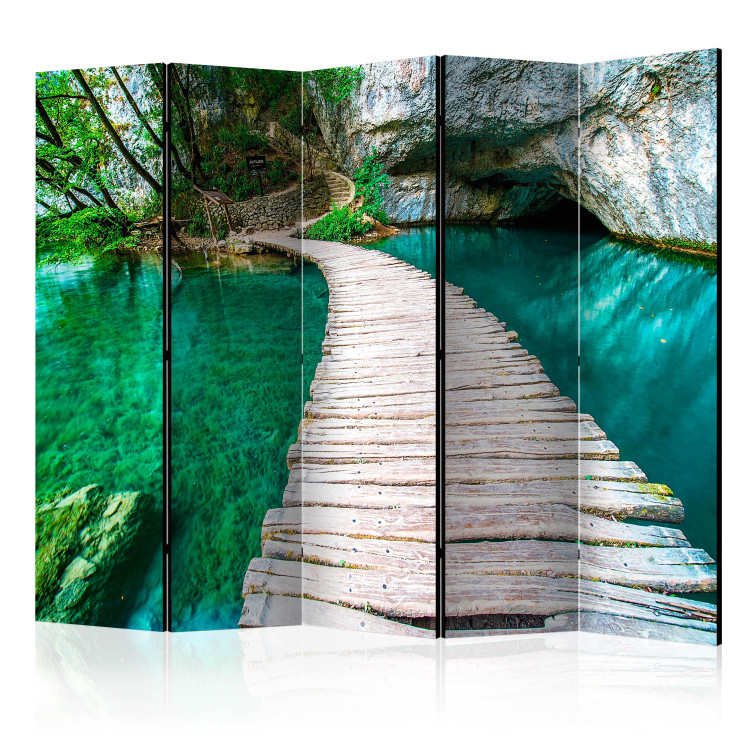 Folding Screen Emerald Lake II - green landscape of nature and a wooden bridge 95394