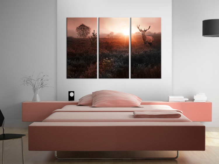 Canvas Print Deer in Sunlight (3-piece) - Red Landscape with Trees in Background 106105 additionalImage 3
