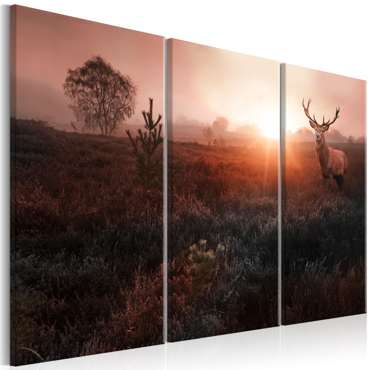 Canvas Print Deer in Sunlight (3-piece) - Red Landscape with Trees in Background 106105 additionalImage 2