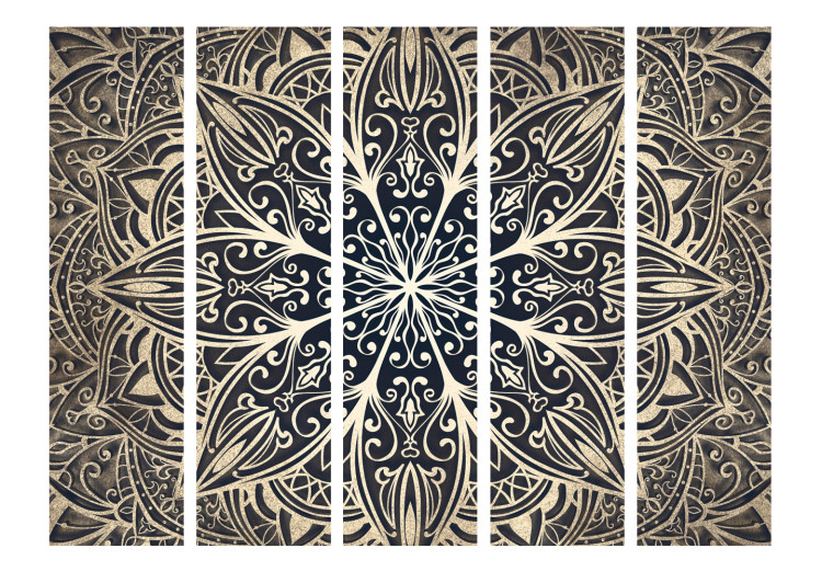Room Separator Feathers (Brown) II - golden mandala with brown accent on black background 107405 additionalImage 3