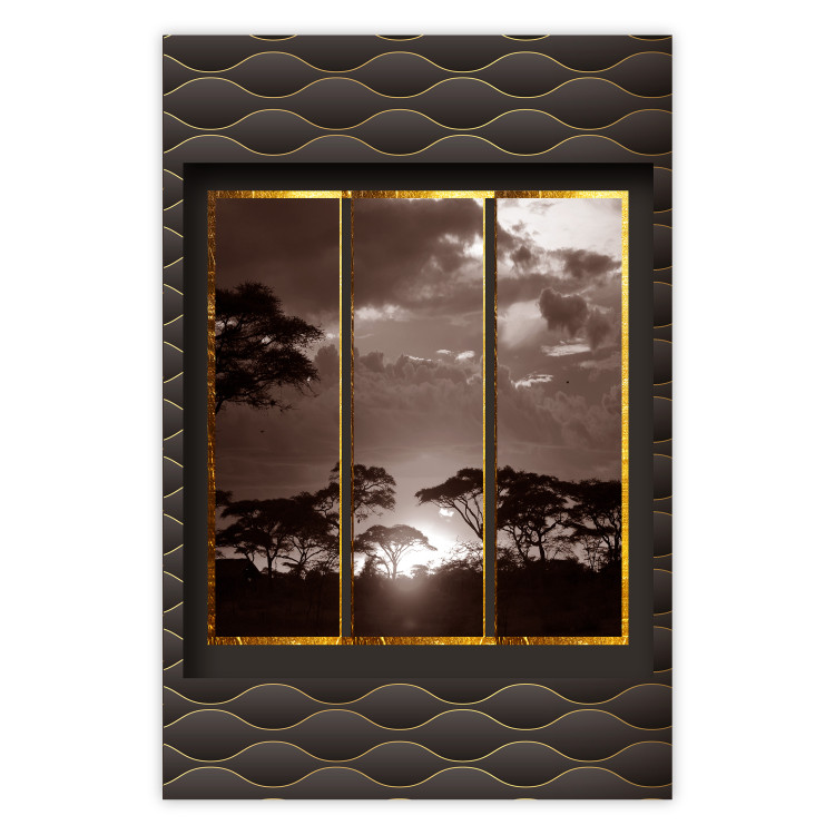 Poster Clouds over the savannah - African evening landscape on patterned background 115005