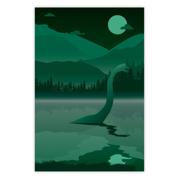 Wall Poster Loch Ness - green fantasy with a dinosaur in the water and mountains in the background 118005