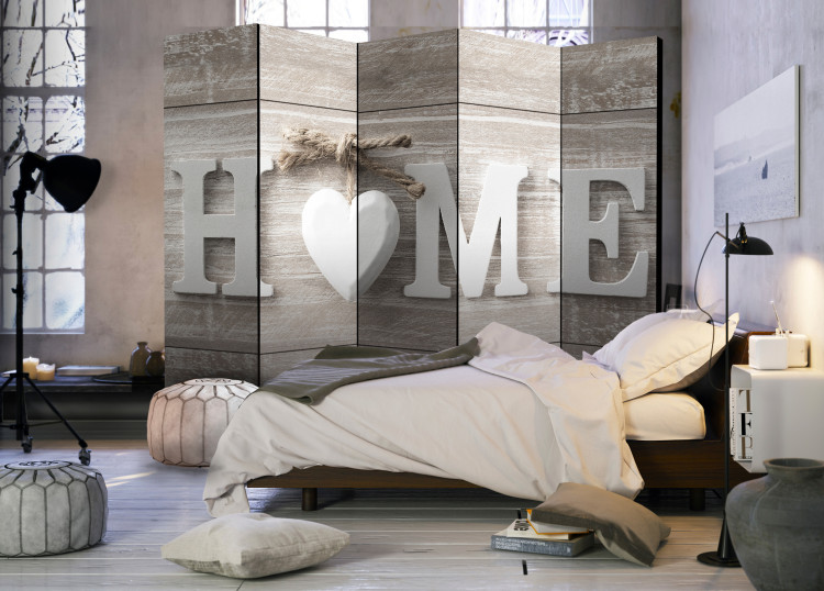 Folding Screen Home and Heart (5-piece) - white English text on a wooden background 128805 additionalImage 4