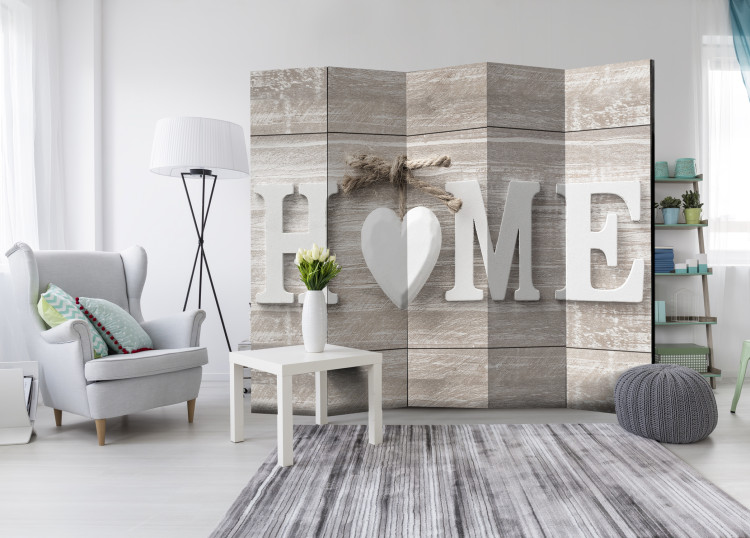 Folding Screen Home and Heart (5-piece) - white English text on a wooden background 128805 additionalImage 2