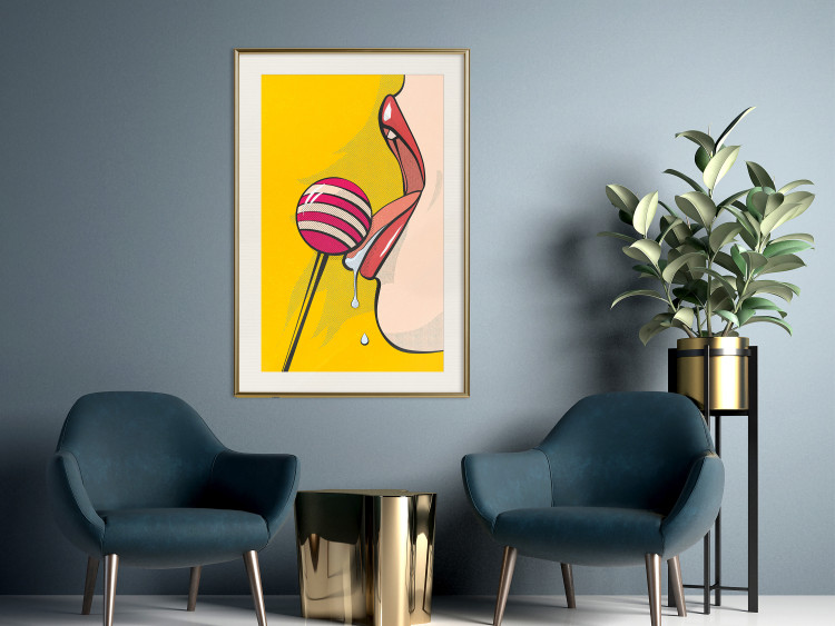 Wall Poster Sweet Lollipop - abstract woman licking a lollipop on a light yellow background 132205 additionalImage 22