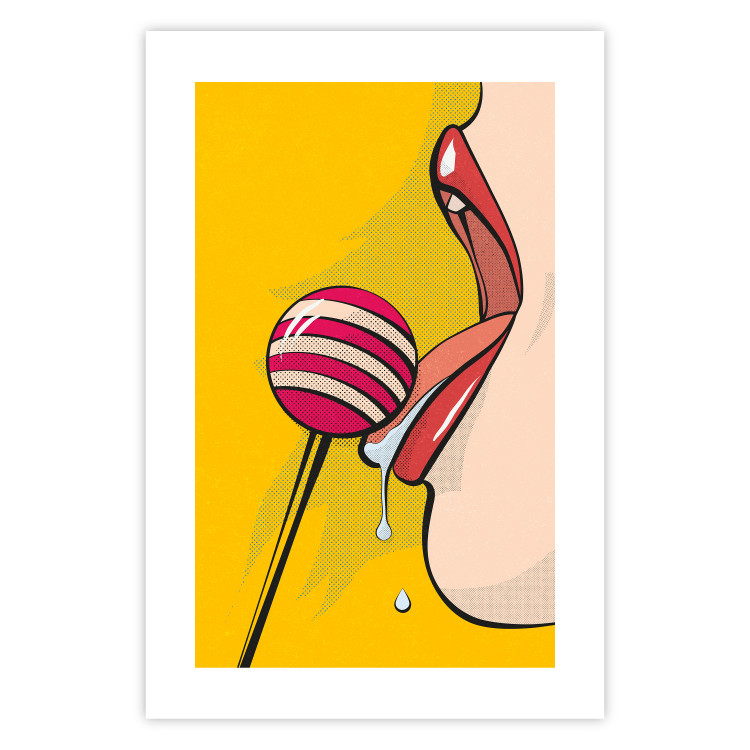 Wall Poster Sweet Lollipop - abstract woman licking a lollipop on a light yellow background 132205 additionalImage 25