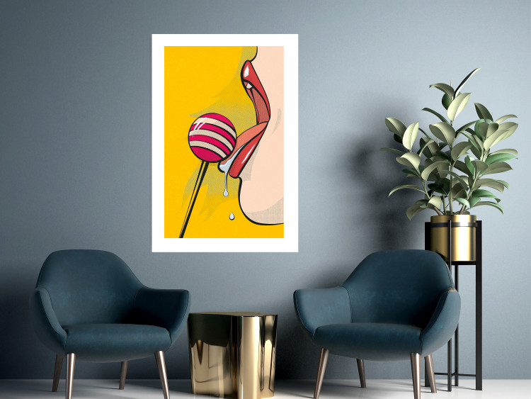 Wall Poster Sweet Lollipop - abstract woman licking a lollipop on a light yellow background 132205 additionalImage 3