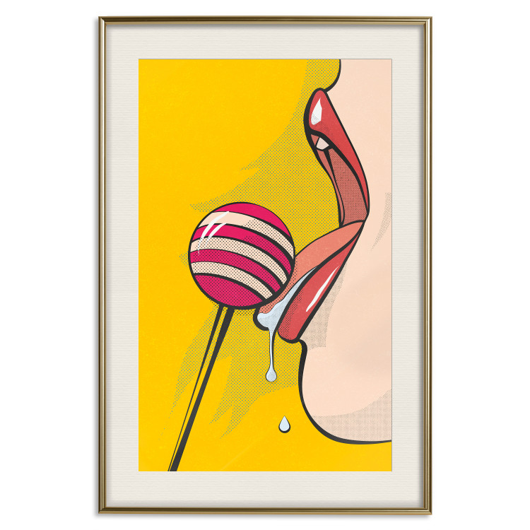Wall Poster Sweet Lollipop - abstract woman licking a lollipop on a light yellow background 132205 additionalImage 20