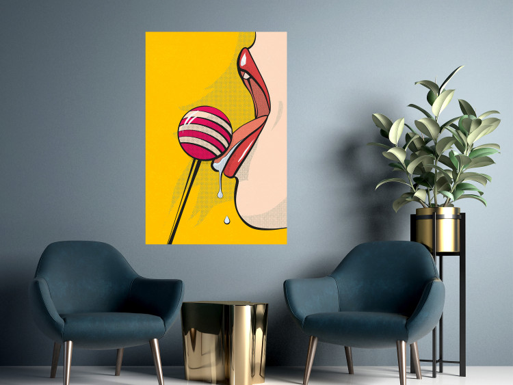 Wall Poster Sweet Lollipop - abstract woman licking a lollipop on a light yellow background 132205 additionalImage 2