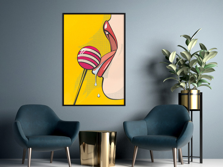 Wall Poster Sweet Lollipop - abstract woman licking a lollipop on a light yellow background 132205 additionalImage 4