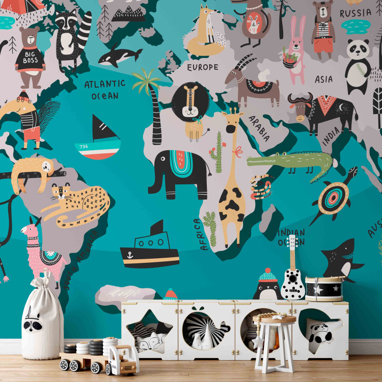 Wall Mural Geography lesson for children - colourful world map with animals 135105 additionalImage 4