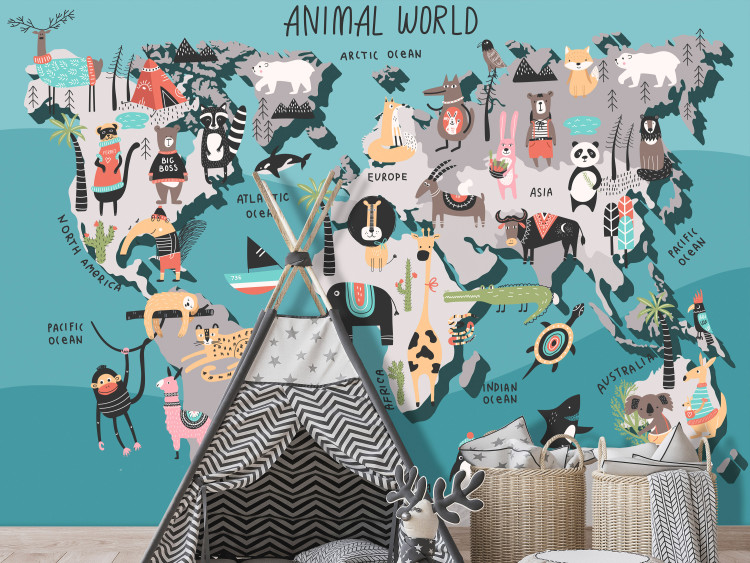 Wall Mural Geography lesson for children - colourful world map with animals 135105