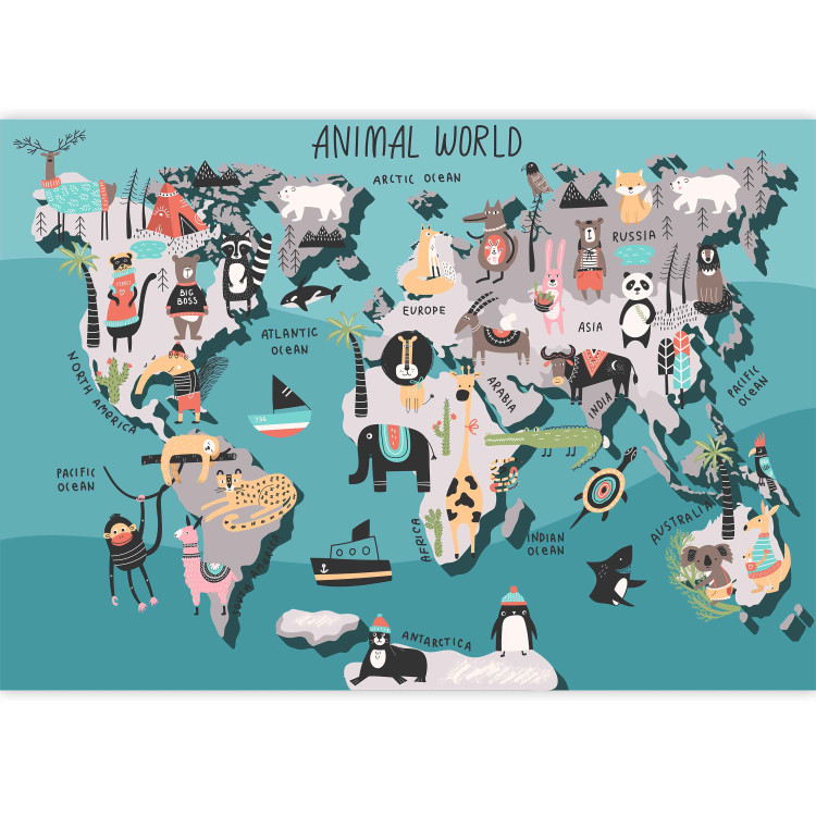 Wall Mural Geography lesson for children - colourful world map with animals 135105 additionalImage 3
