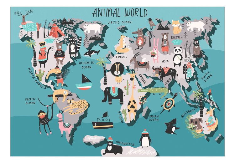 Wall Mural Geography lesson for children - colourful world map with animals 135105 additionalImage 1