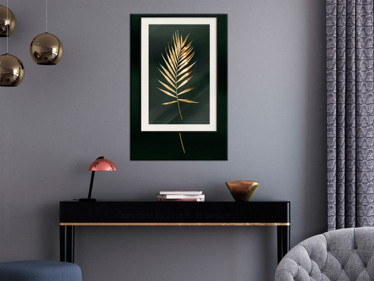 Wall Poster Graceful Leaf - golden plant composition on a dark green background 135605 additionalImage 25