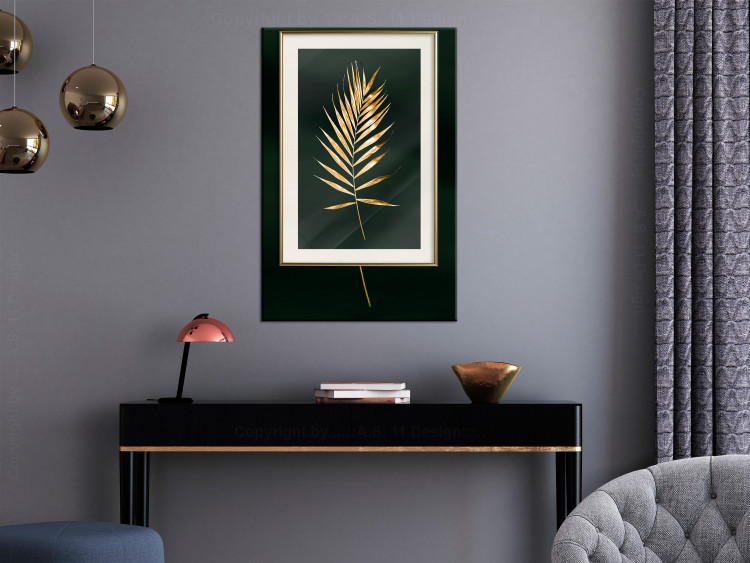 Wall Poster Graceful Leaf - golden plant composition on a dark green background 135605 additionalImage 24