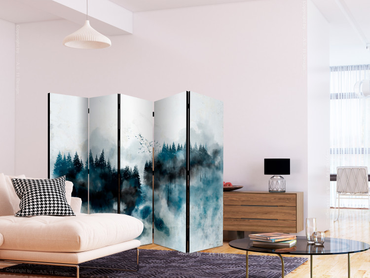 Room Divider Screen Painted Mountains II (5-piece) - landscape of forest trees on a white background 136105 additionalImage 2