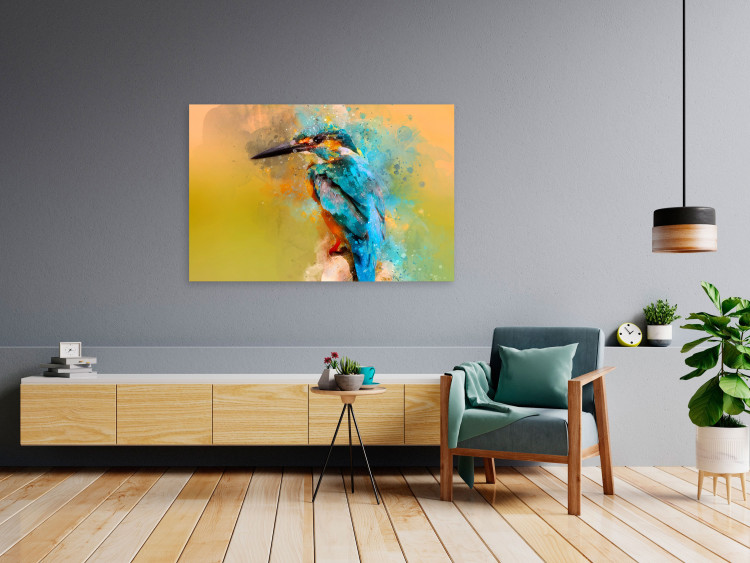 Canvas Print Observer (1-piece) Wide - multicolored bird on a yellow background 137005 additionalImage 3
