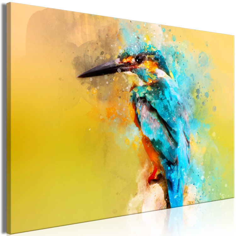 Canvas Print Observer (1-piece) Wide - multicolored bird on a yellow background 137005 additionalImage 2