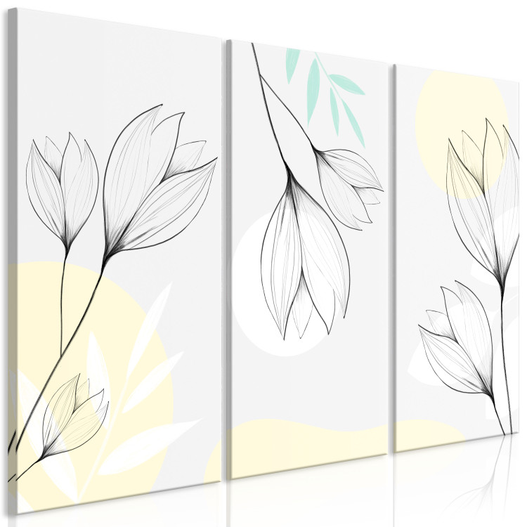 Canvas Print Fancy Crocuses (3-piece) - flowers and leaves on a gray-yellow background 138805 additionalImage 2