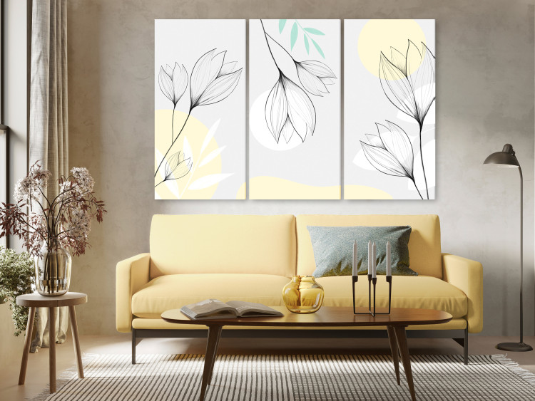 Canvas Print Fancy Crocuses (3-piece) - flowers and leaves on a gray-yellow background 138805 additionalImage 3