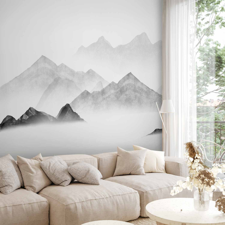 Photo Wallpaper Mountains in the mist - watercolour landscape with mountain peaks in grey 144705