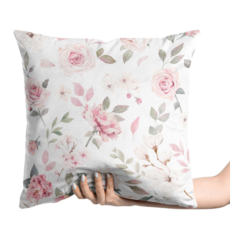 Decorative Velor Pillow Pink spring - a vintage-style rose and magnolia on white background 147105 additionalImage 2