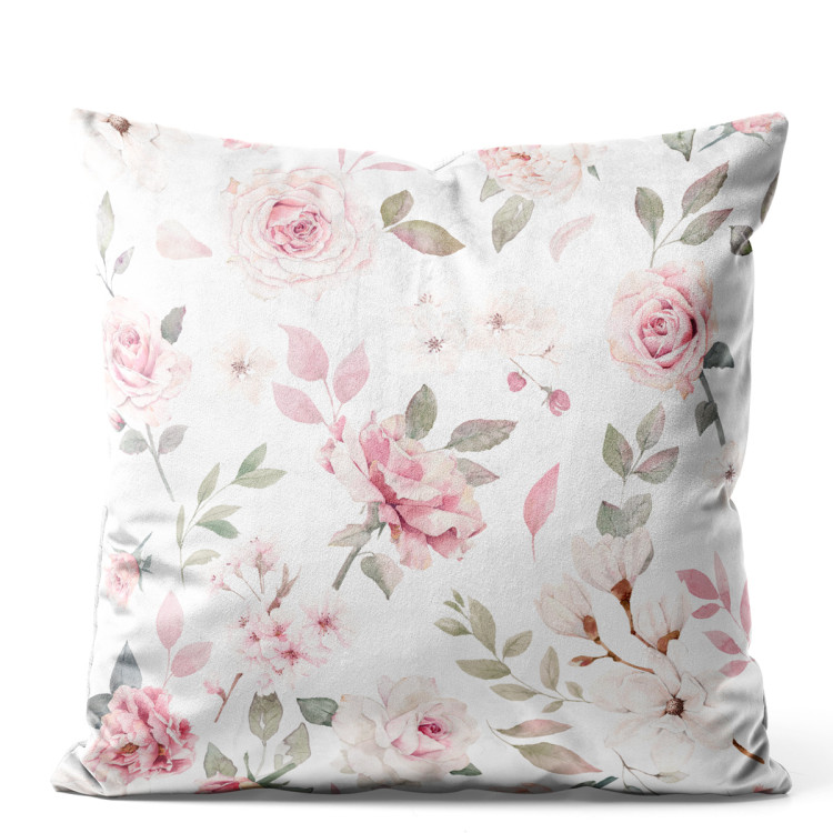 Decorative Velor Pillow Pink spring - a vintage-style rose and magnolia on white background 147105