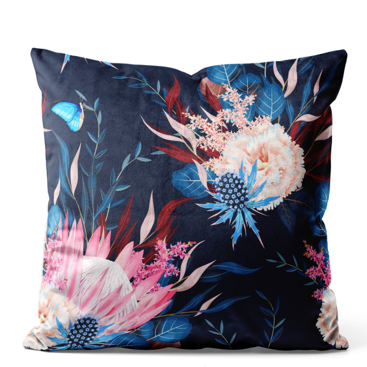 Decorative Velor Pillow Magical meadow - flowers and butterfly composition on dark background 147205