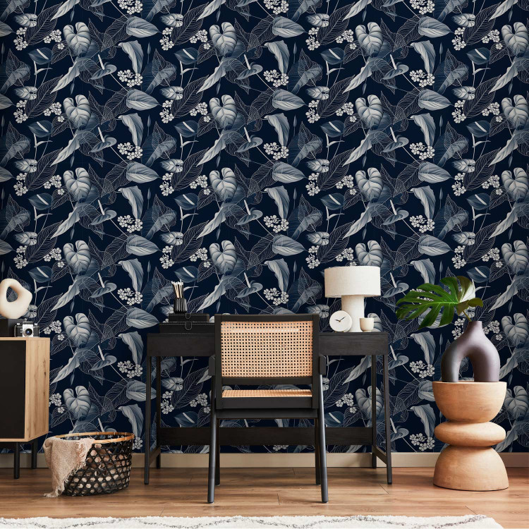 Modern Wallpaper Monochrome Nature - Sketch of Leaves and Flowers on a Navy Blue Background 149905 additionalImage 5