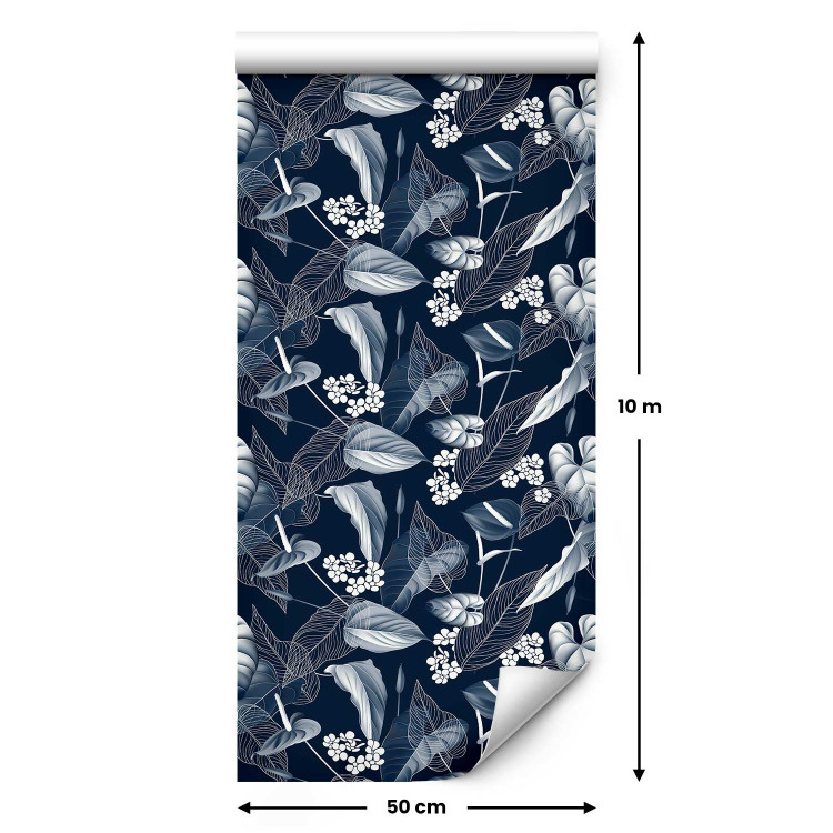 Modern Wallpaper Monochrome Nature - Sketch of Leaves and Flowers on a Navy Blue Background 149905 additionalImage 2