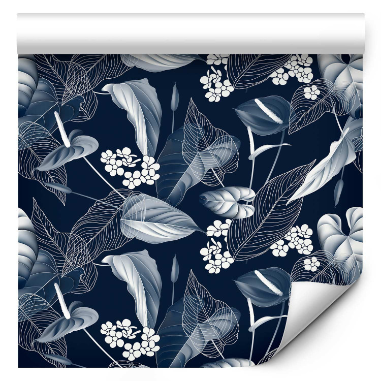 Modern Wallpaper Monochrome Nature - Sketch of Leaves and Flowers on a Navy Blue Background 149905 additionalImage 6