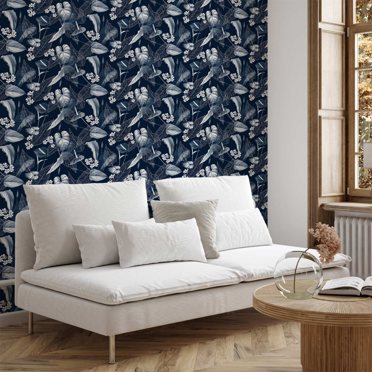 Modern Wallpaper Monochrome Nature - Sketch of Leaves and Flowers on a Navy Blue Background 149905